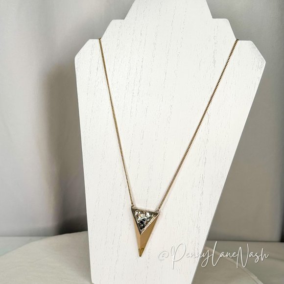 Vintage 3D Triangle w Set Stone Pendant Golden Necklace - Picture 1 of 5